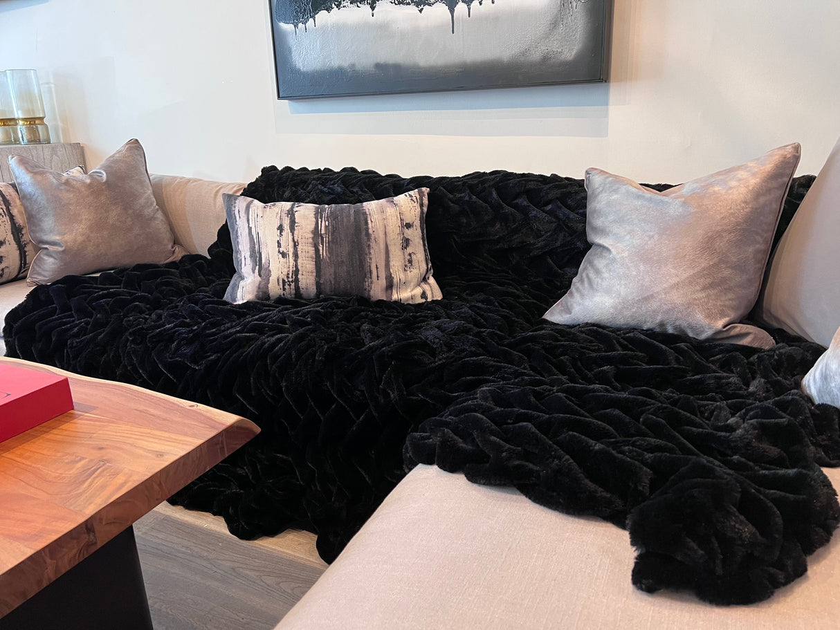 Braided Fluffy Faux Fur Chinchilla Fabric - Black Braided, 104" X 93" (Cal King/Eastern King - 104" X 93")