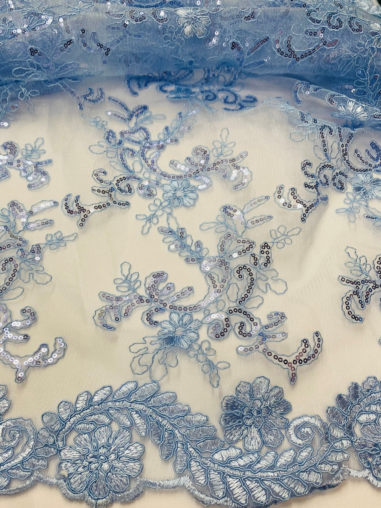 Elena's Lace Polyester Fabric - Light Blue Corded Mesh Embroidered With Sequins, Double Scalloped Edge, 54" Width (1 Yard)