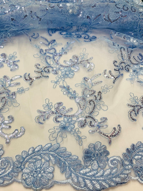 Elena's Lace Polyester Fabric - Light Blue Corded Mesh Embroidered With Sequins, Double Scalloped Edge, 54" Width (1 Yard)