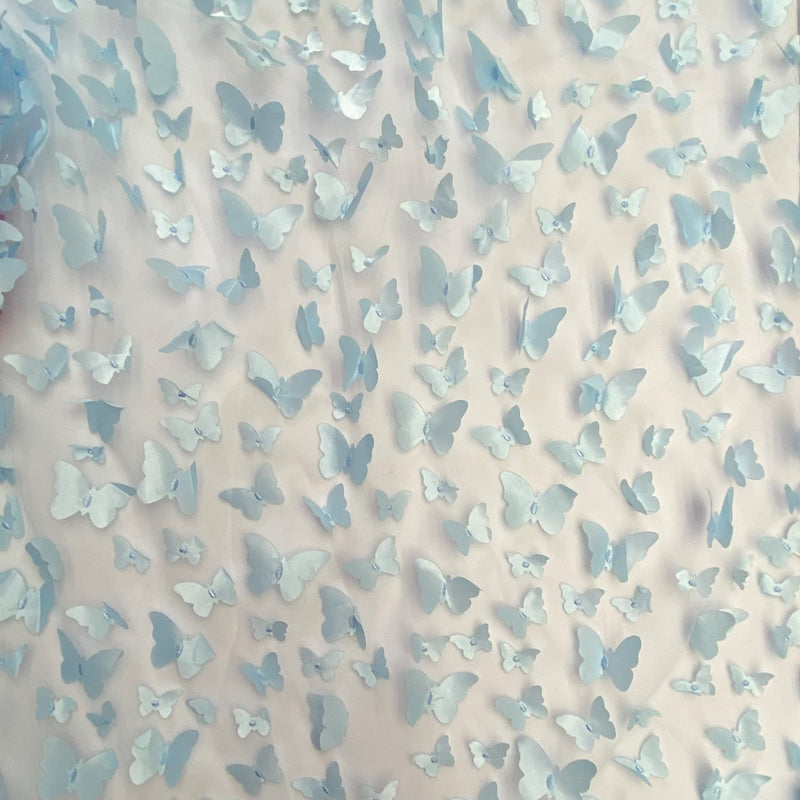 3D Butterflies Light Blue Polyester Mesh Fabric - Light Blue Butterflies, 54" Width (1 Yard)