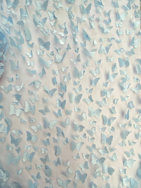 3D Butterflies Light Blue Polyester Mesh Fabric - Light Blue Butterflies, 54" Width (1 Yard)