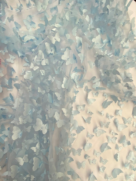 3D Butterflies Light Blue Polyester Mesh Fabric - Light Blue Butterflies, 54" Width (1 Yard)