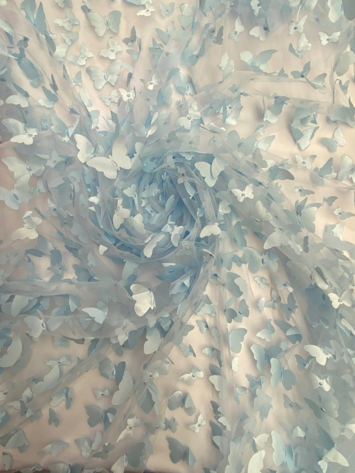 3D Butterflies Light Blue Polyester Mesh Fabric - Light Blue Butterflies, 54" Width (1 Yard)