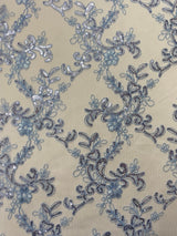 Elena's Lace Polyester Fabric - Light Blue Corded Mesh Embroidered With Sequins, Double Scalloped Edge, 54" Width (1 Yard)