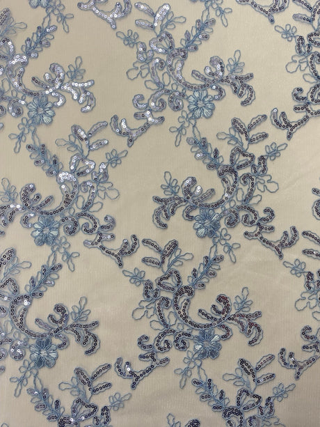 Elena's Lace Polyester Fabric - Light Blue Corded Mesh Embroidered With Sequins, Double Scalloped Edge, 54" Width (1 Yard)