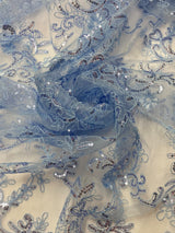 Elena's Lace Polyester Fabric - Light Blue Corded Mesh Embroidered With Sequins, Double Scalloped Edge, 54" Width (1 Yard)