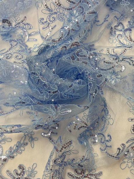 Elena's Lace Polyester Fabric - Light Blue Corded Mesh Embroidered With Sequins, Double Scalloped Edge, 54" Width (1 Yard)