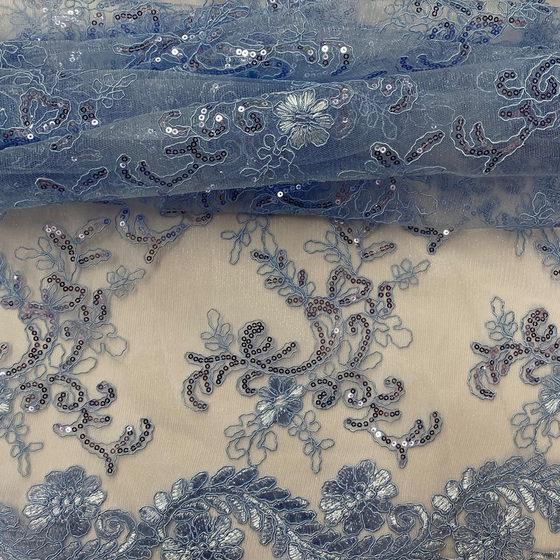 Elena's Lace Polyester Fabric - Light Blue Corded Mesh Embroidered With Sequins, Double Scalloped Edge, 54" Width (1 Yard)