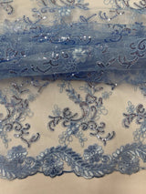 Elena's Lace Polyester Fabric - Light Blue Corded Mesh Embroidered With Sequins, Double Scalloped Edge, 54" Width (1 Yard)