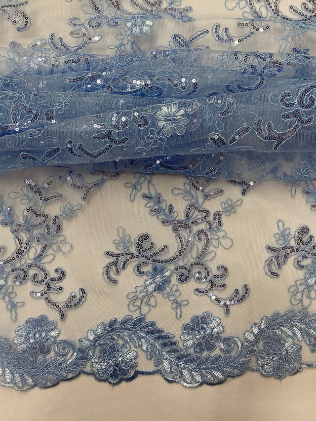 Elena's Lace Polyester Fabric - Light Blue Corded Mesh Embroidered With Sequins, Double Scalloped Edge, 54" Width (1 Yard)