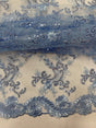 Elena's Lace Polyester Fabric - Light Blue Corded Mesh Embroidered With Sequins, Double Scalloped Edge, 54" Width (1 Yard)
