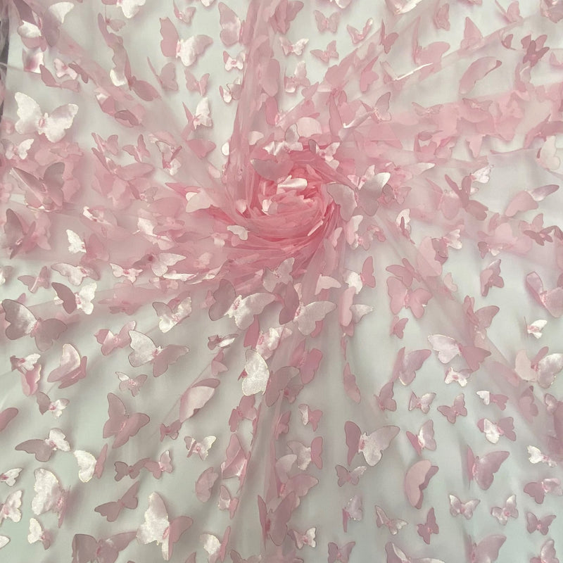 3D Butterflies 100 Percent Polyester Fabric - Light Pink Satin Butterflies On 2-Way Stretch Mesh, 54" Width