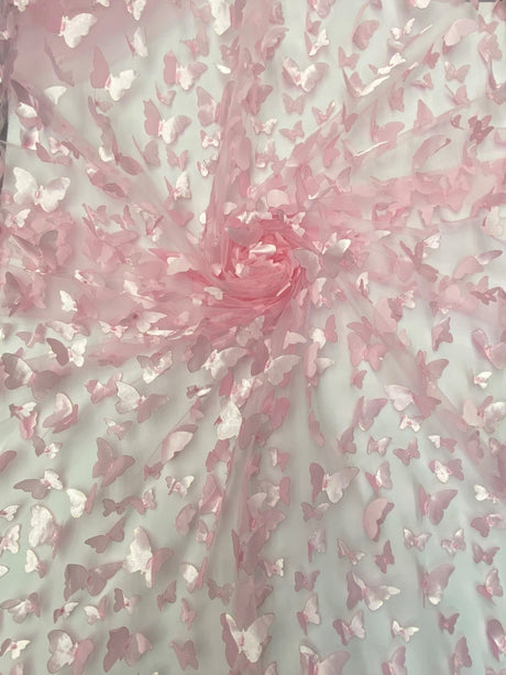 3D Butterflies 100 Percent Polyester Fabric - Light Pink Satin Butterflies On 2-Way Stretch Mesh, 54" Width