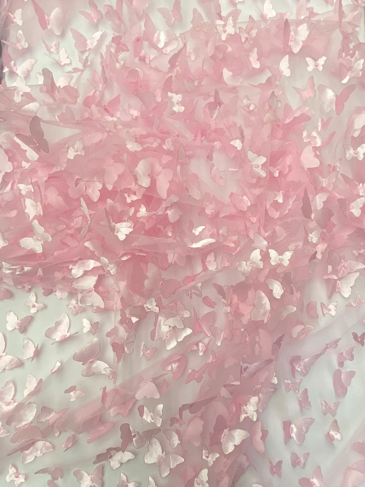 3D Butterflies 100 Percent Polyester Fabric - Light Pink Satin Butterflies On 2-Way Stretch Mesh, 54" Width