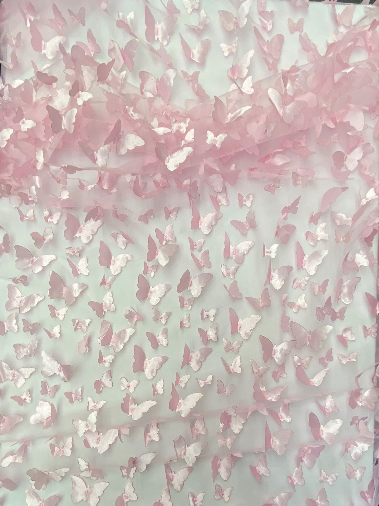 3D Butterflies 100 Percent Polyester Fabric - Light Pink Satin Butterflies On 2-Way Stretch Mesh, 54" Width