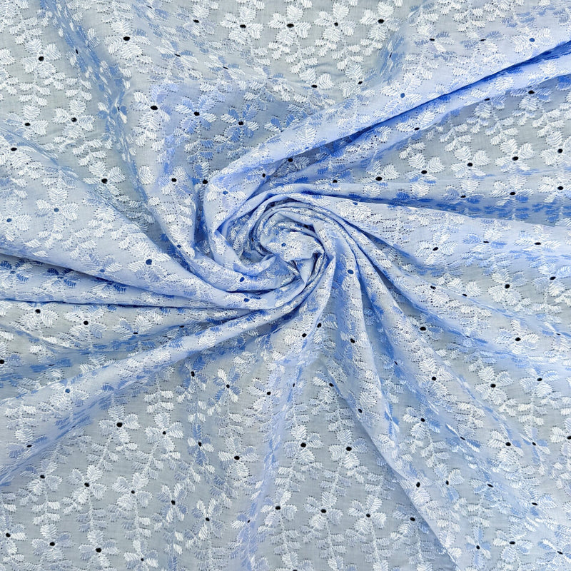 Heavy Eyelet 80% Polyester 20% Cotton Fabric - Light Blue Floral Embroidery, 41"-42" Width