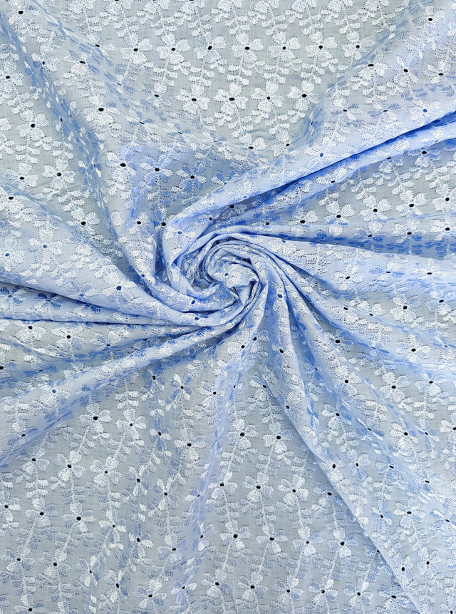 Heavy Eyelet 80% Polyester 20% Cotton Fabric - Light Blue Floral Embroidery, 41"-42" Width