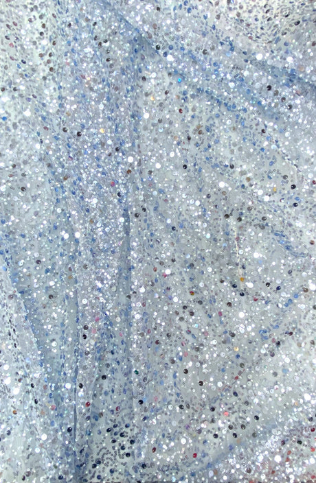 BPS Mesh Lace Light Blue Polyester Fabric - Beads, Pearls, Sequins, 60" Width