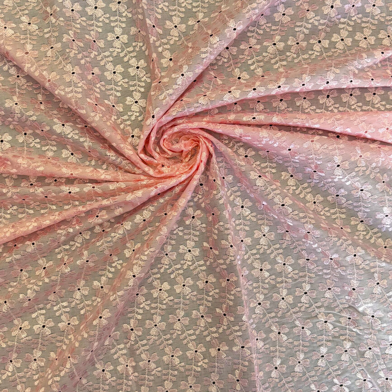 Heavy Eyelet Polyester Cotton Fabric - Light Pink Floral Embroidery, 41"-42" Width