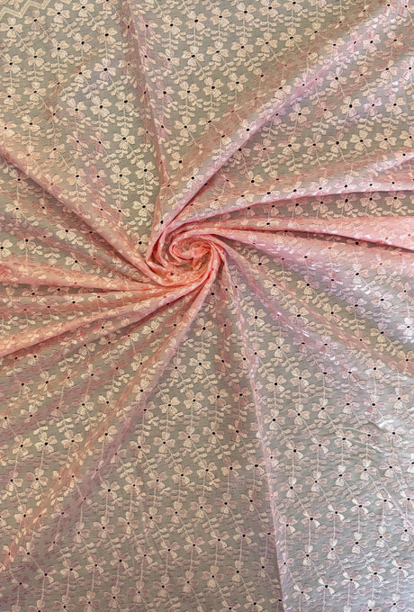 Heavy Eyelet Polyester Cotton Fabric - Light Pink Floral Embroidery, 41"-42" Width