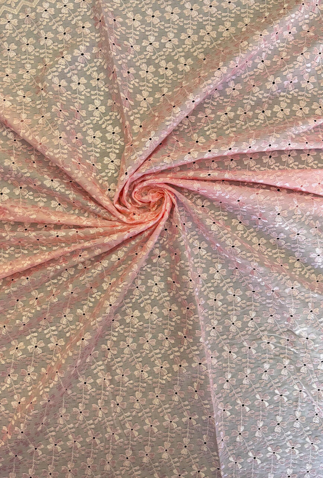 Heavy Eyelet Polyester Cotton Fabric - Light Pink Floral Embroidery, 41"-42" Width