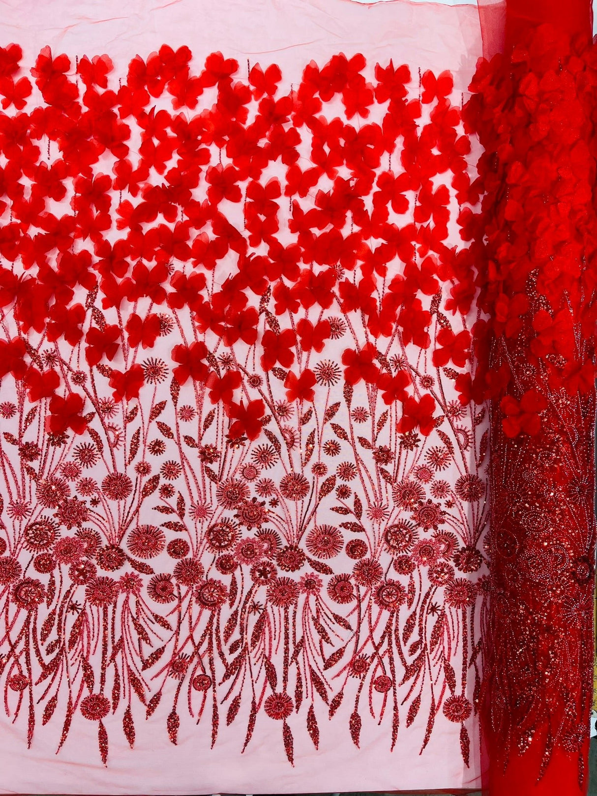 Luxury 3D Floral Butterfly Beaded Lace Fabric - 54" Width, Color Options (1 Yard)