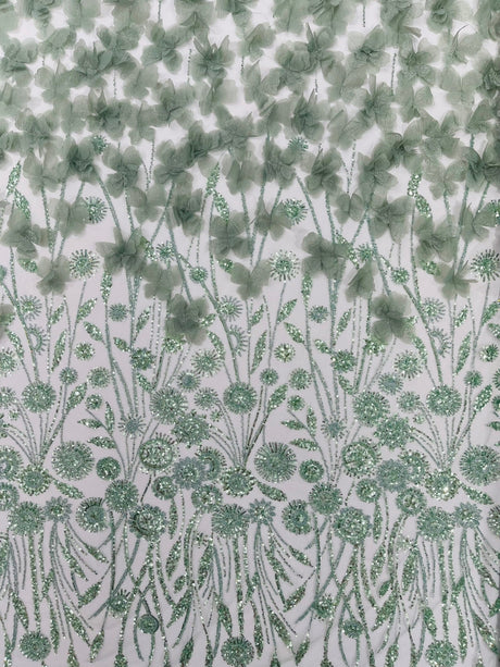 Luxury 3D Floral Butterfly Beaded Lace Fabric - 54" Width, Color Options (1 Yard)