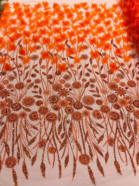 Luxury 3D Floral Butterfly Beaded Lace Fabric - 54" Width, Color Options (1 Yard)