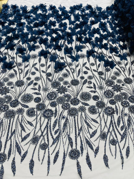 Luxury 3D Floral Butterfly Beaded Lace Fabric - 54" Width, Color Options (1 Yard)