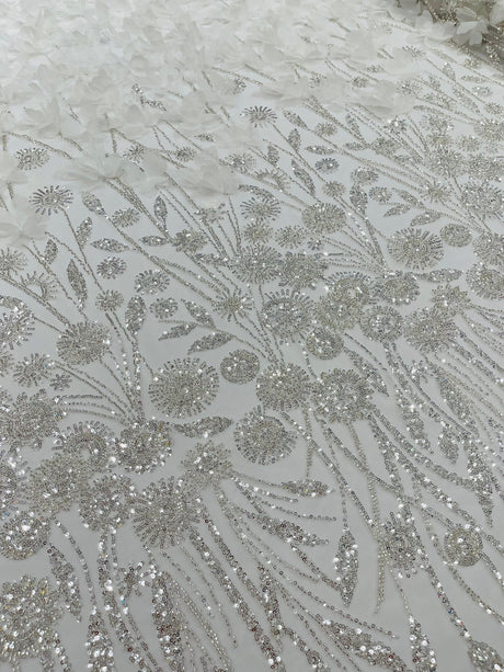 Luxury 3D Floral Butterfly Beaded Lace Fabric - 54" Width, Color Options (1 Yard)