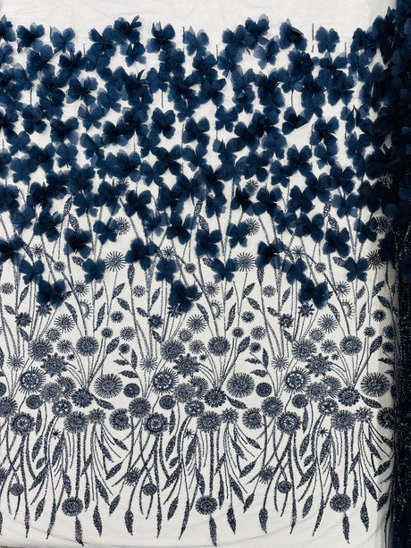 Luxury 3D Floral Butterfly Beaded Lace Fabric - 54" Width, Color Options (1 Yard)