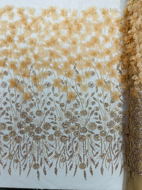 Luxury 3D Floral Butterfly Beaded Lace Fabric - 54" Width, Color Options (1 Yard)