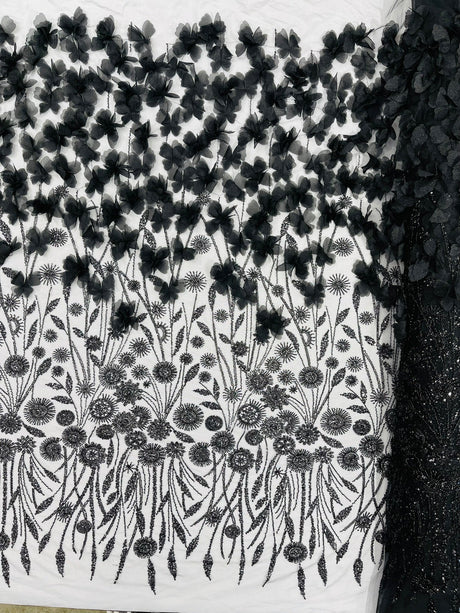 Luxury 3D Floral Butterfly Beaded Lace Fabric - 54" Width, Color Options (1 Yard)