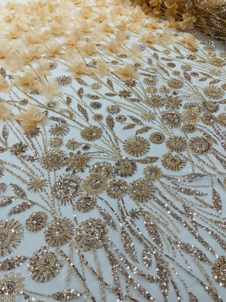 Luxury 3D Floral Butterfly Beaded Lace Fabric - 54" Width, Color Options (1 Yard)