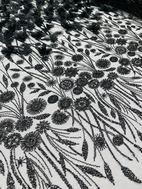 Luxury 3D Floral Butterfly Beaded Lace Fabric - 54" Width, Color Options (1 Yard)