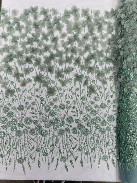 Luxury 3D Floral Butterfly Beaded Lace Fabric - 54" Width, Color Options (1 Yard)