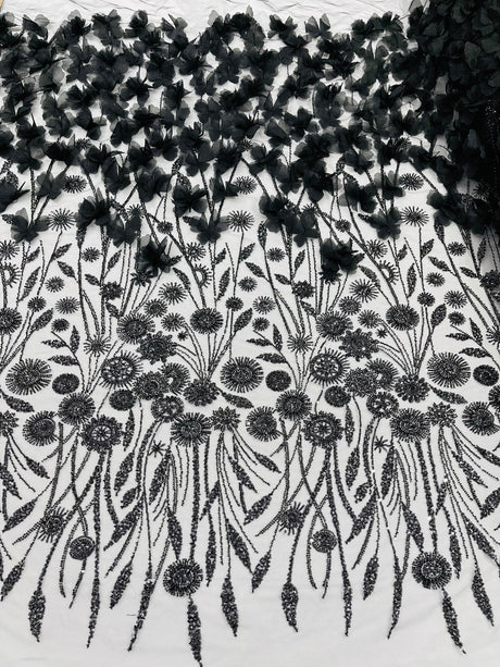 Luxury 3D Floral Butterfly Beaded Lace Fabric - 54" Width, Color Options (1 Yard)