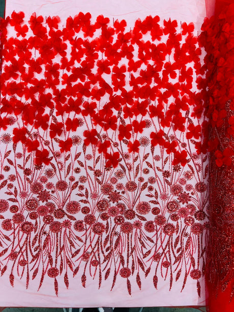 Luxury 3D Floral Butterfly Beaded Lace Fabric - 54" Width, Color Options (1 Yard)
