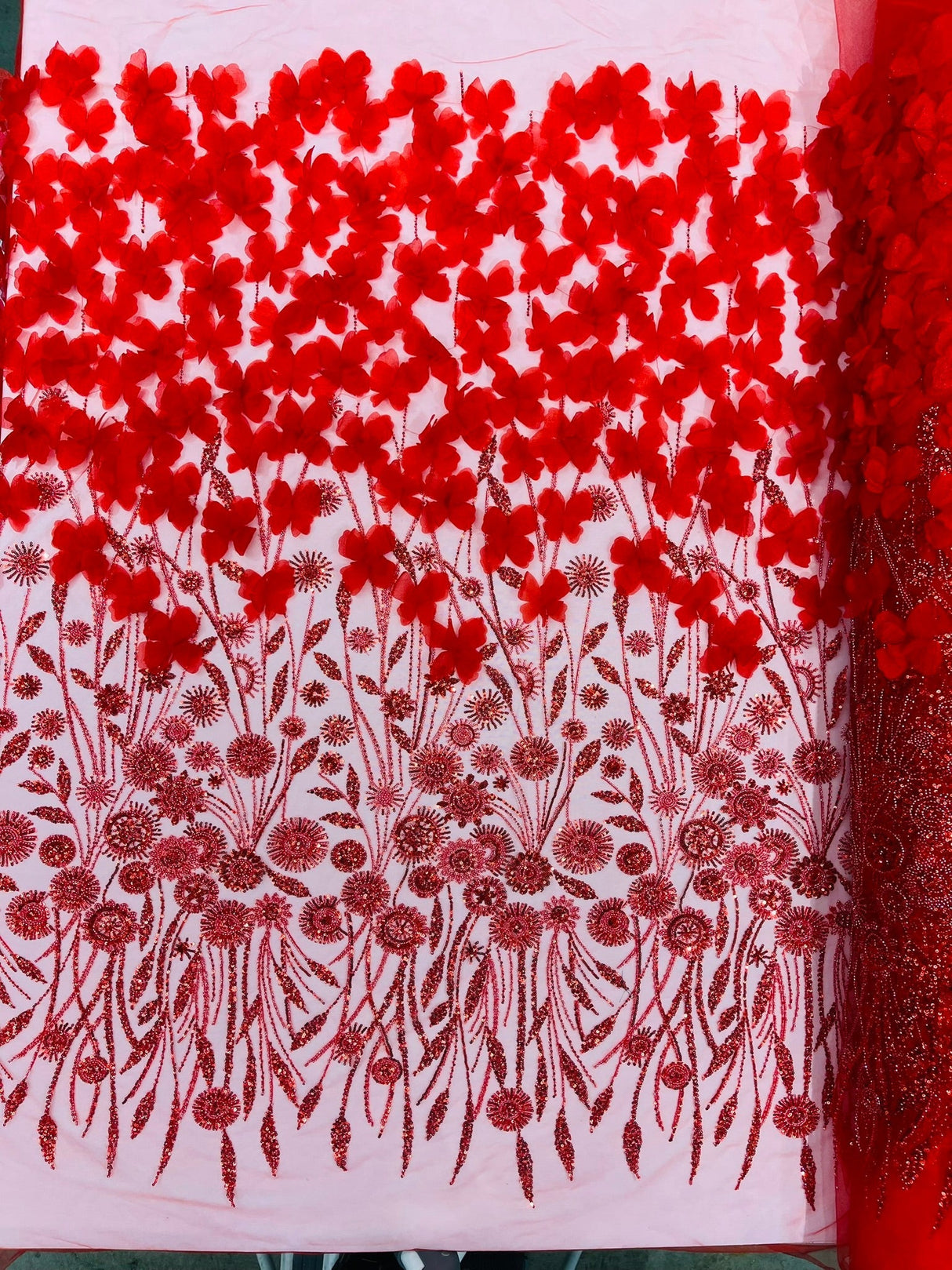 Luxury 3D Floral Butterfly Beaded Lace Fabric - 54" Width, Color Options (1 Yard)