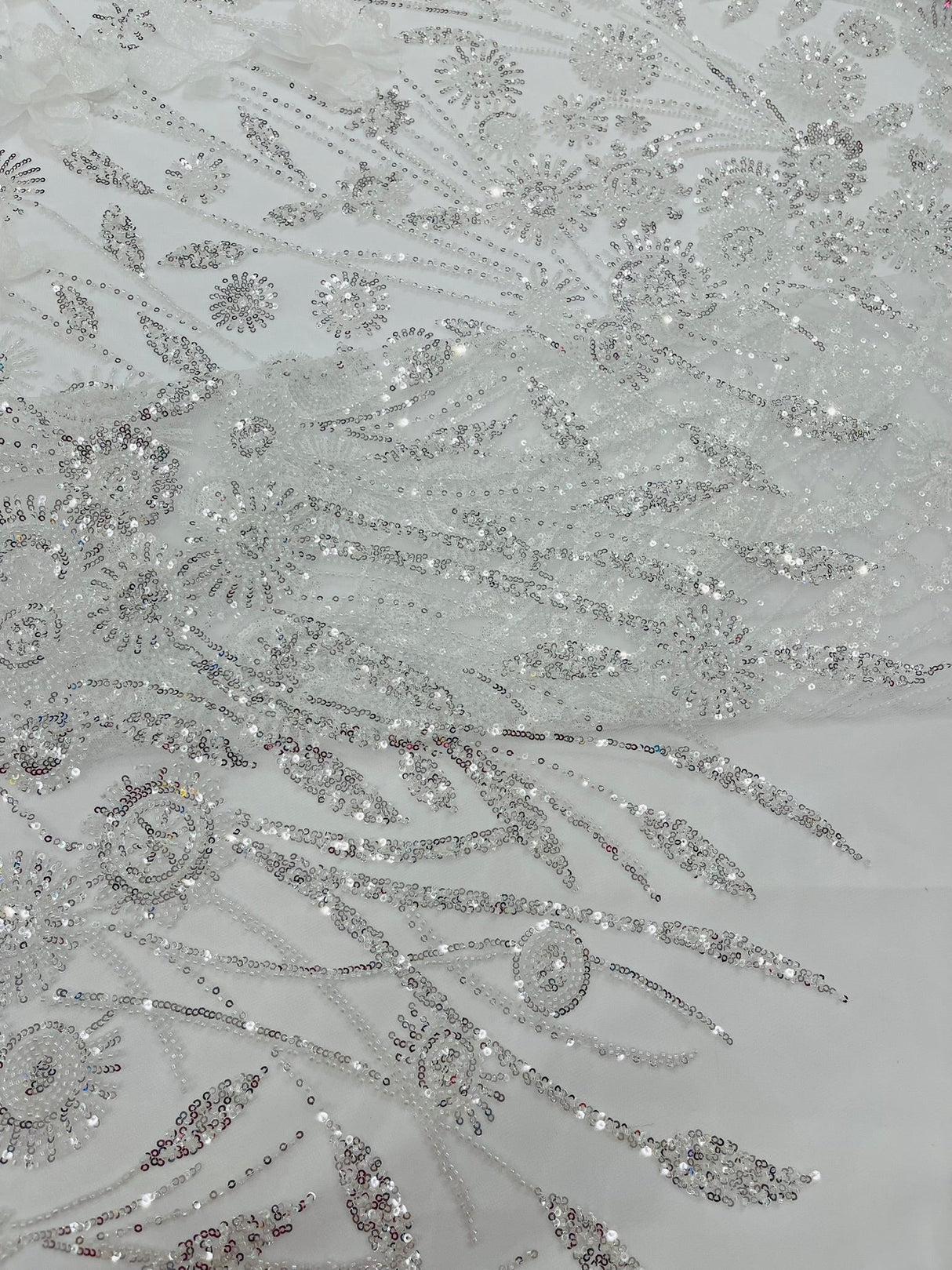 Luxury 3D Floral Butterfly Beaded Lace Fabric - 54" Width, Color Options (1 Yard)