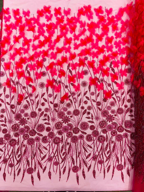 Luxury 3D Floral Butterfly Beaded Lace Fabric - 54" Width, Color Options (1 Yard)