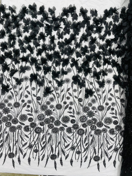 Luxury 3D Floral Butterfly Beaded Lace Fabric - 54" Width, Color Options (1 Yard)