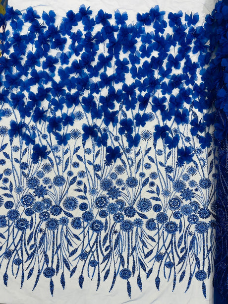 Luxury 3D Floral Butterfly Beaded Lace Fabric - 54" Width, Color Options (1 Yard)