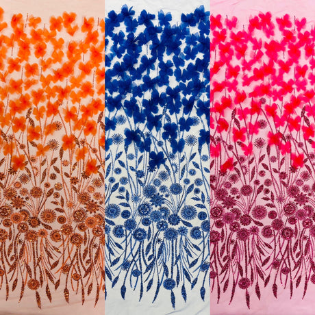 Luxury 3D Floral Butterfly Beaded Lace Fabric - 54" Width, Color Options (1 Yard)