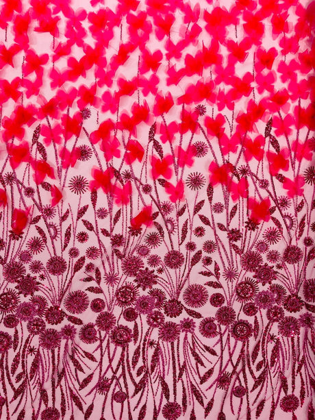 Luxury 3D Floral Butterfly Beaded Lace Fabric - 54" Width, Color Options (1 Yard)