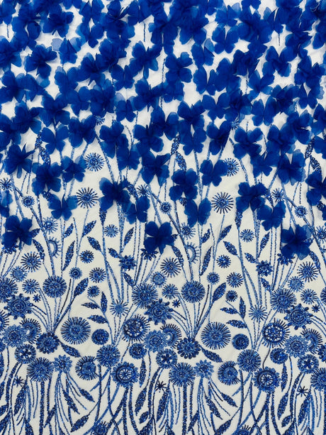Luxury 3D Floral Butterfly Beaded Lace Fabric - 54" Width, Color Options (1 Yard)