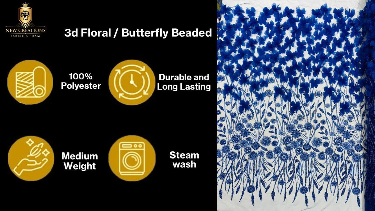 Luxury 3D Floral Butterfly Beaded Lace Fabric - 54" Width, Color Options (1 Yard)