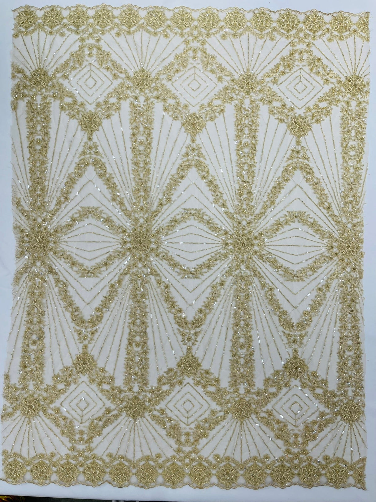 Luxury Bridal Fabric With Geometric Beading On Mesh - Beaded Mesh Fabric, 54" Width, Color Options (1 Yard)