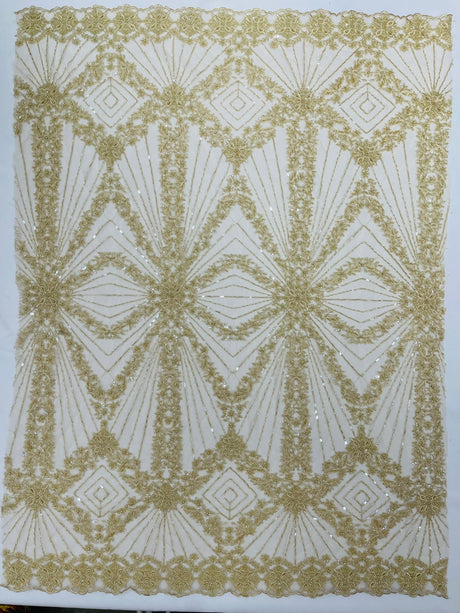 Luxury Bridal Fabric With Geometric Beading On Mesh - Beaded Mesh Fabric, 54" Width, Color Options (1 Yard)