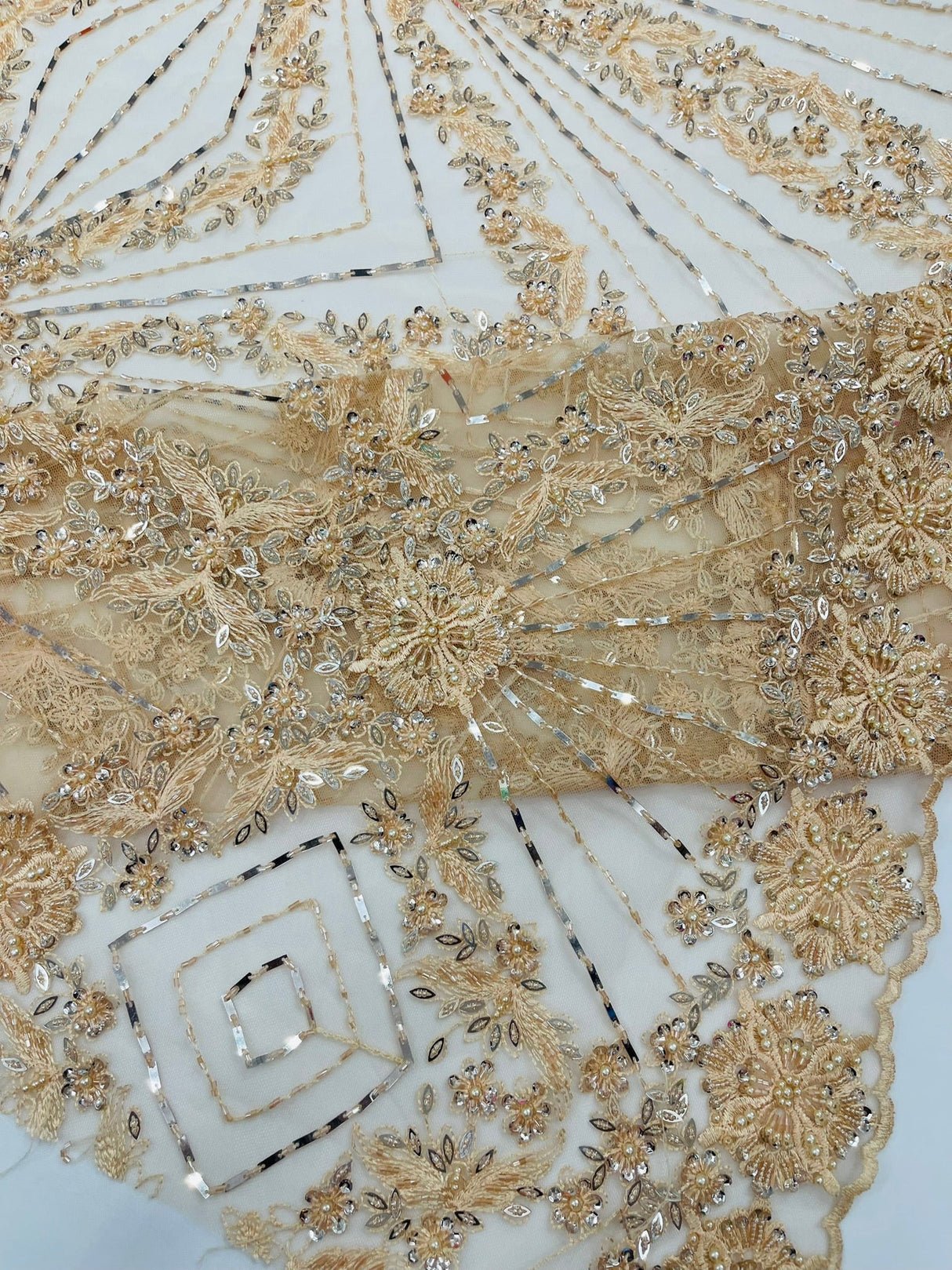 Luxury Bridal Fabric With Geometric Beading On Mesh - Beaded Mesh Fabric, 54" Width, Color Options (1 Yard)